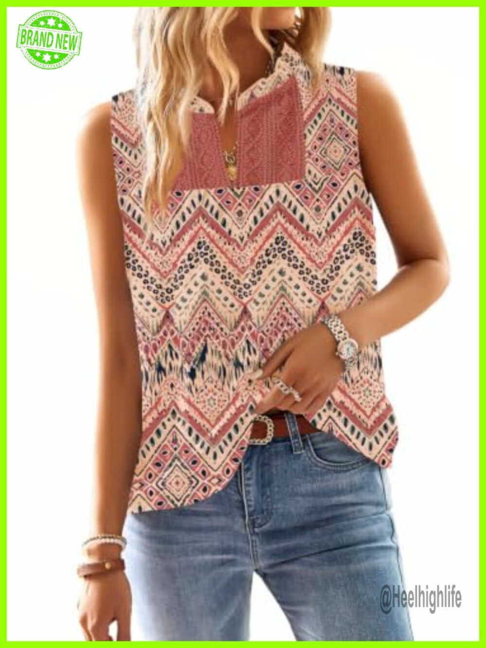 Womens Boho Lace Babydoll Sleeveless Tank Top Flowy Swiss Dot V-Neck